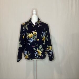 Alfred Dunner Floral Navy Blue Long Sleeve Lined Cuffs Button Up Jacket Size 12P